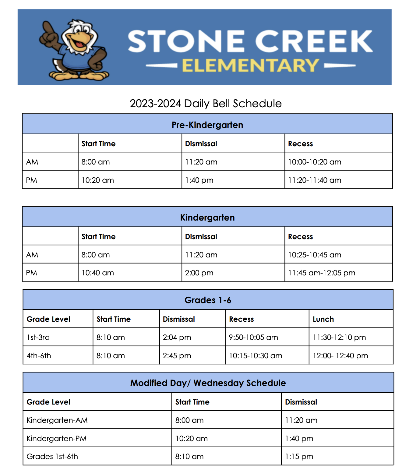 Bell Schedule Stone Creek Elementary